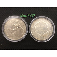 Đồng xu hoa xòe Đông Dương lưu niệm 1 piastre 1902, kèm hộp bảo quản sang trọng