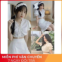 Bộ Chân Váy Áo Croptop Cổ V Dây Rút , Chất Đũi Trắng Dáng Ngắn X017 - zeni69 store