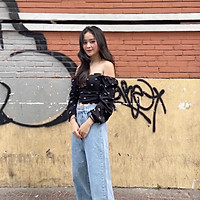 Áo Kiểu Yuri Top tay dài thiết kế trễ vai hoạ tiết nơ chất vải thoáng mát sau lưng bo chun co giãn