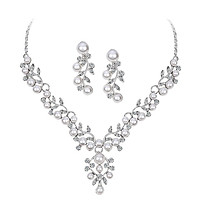 Crystal Rhinestone Pearl Flower Leaf Necklace Earrings Set Wedding Jewelry