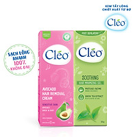 Combo kem tẩy lông chiết xuất bơ Cleo đa vùng dành cho da nhạy cảm 50g và Gel dịu da chiết xuất trà xanh Cleo giúp chậm mọc lông 50g, an toàn, không đau và đạt hiệu quả nhanh chóng