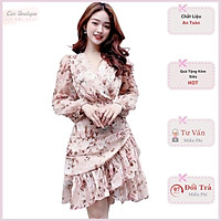 Đầm hoa nữ nhún rũ chéo tay dài chất lụa onesize dưới 55kg sang trọng dự tiệc A757