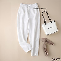 quần baggy nữ lưng thun khóa trước 4 khuy 2 túi chất đũi cá tính