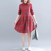Váy bầu kẻ ô đỏ phối kẻ đen cổ sơ mi