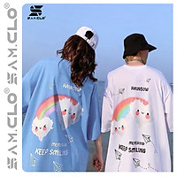 Áo thun tay lỡ nữ SAM CLO freesize phông form rộng dáng Unisex, mặc lớp, nhóm, cặp in hình MÂY CẦU VỒNG KEEP SMILING