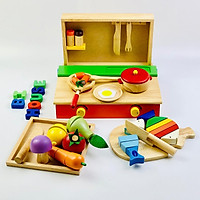 Combo bộ đồ đồ chơi nhà bếp bằng gỗ cao cấp Mykids gồm : bộ nấu ăn - bộ cắt cá- bộ cắt trái cây 