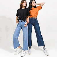 Quần jean ống suông nữ wash, lưng cao