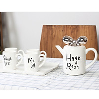 Bộ ấm tách trà gốm sứ Have a Rest nắp nơ tráng gương cao cấp 6 món