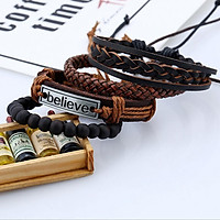 4PCS Leather Mens Bracelets Multilayer Rope BELIEVE Bracelet Braided Jewelry