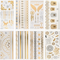 Combo 8 tờ hình xăm dán nhũ ánh kim nghệ thuật 3D họa tiết henna 21*15cm