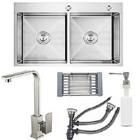 Combo chậu rửa bát inox sus304 8245 + vòi rửa bát inox nóng lạnh vuông+ bình xà phòng + rổ rau củ đa năng + bộ xả chậu