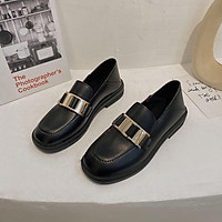 【Quần áo SF】British Style Leather Shoes Women's Spring and Autumn New Fleece-Lined Flat Bottom Pumps Slip-on Bai Match Dual-Purpose Loafers Fashion