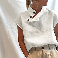 Women Cotton Blouse Stand Collar Buttoned Side Short Sleeve Plus Size Casual Fashion Loose Tunic Tops