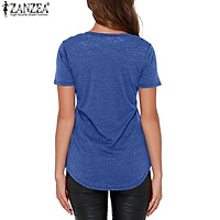 ZANZEA Fashion Women T-shirts Casual Short Sleeve Tops V-neck Tee Blouse (Blue)