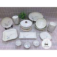BỘ ĐỒ ĂN BÁT ĐĨA MEN KEM VẼ HOA ĐÀO XANH XƯỞNG GỐM TM 21 MÓN