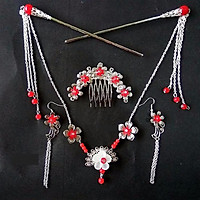 Bộ cài cổ trang 3 món đỏ (cài tóc, cài đầu, khuyên tai) trâm cài tóc nữ phong cách cổ trang Trung Quốc tặng ảnh Vcone