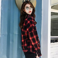 Áo sơ mi nữ, Áo sơ mi form rộng unisex dài tay kẻ caro, chất liệu vải bông mềm mát, hàng nhập Quảng Châu