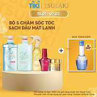 Bộ 5 Tsubaki mát lạnh sạch dầu và chăm sóc tóc chuẩn salon (Gội Xả 490ml/chai + Xịt dưỡng tóc 220ml + Mặt nạ tóc 180g + Dầu dưỡng 50ml)