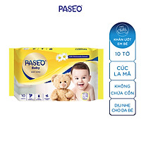 Combo 2 gói khăn ướt em bé Paseo 10 tờ chiết xuất tinh dầu hoa cúc La Mã