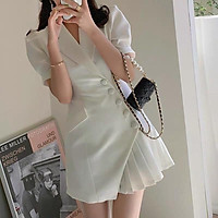 Đầm cổ V xếp ly,lệch vạt cài cúc B-A-M STORE