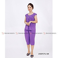 Đồ bộ nữ mặc nhà vải Tole Lanh màu Thành Duyên cổ có 4 nút, viền sọc, tay cánh tiên quần lửng _ 2507CTL
