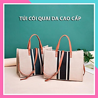 Túi Cói thời trang quai da cao cấp, có dây đeo chéo, phối kẻ sọc giữa giá tốt