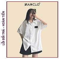 Áo SƠ MI NỮ form rộng cổ bẻ tay lỡ có túi dáng ulzzang freesize unisex thêu LOGO ĐEN 20 INCH màu trắng