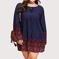 〖Follure〗Plus Size Fashion Women Casual Plus Size Print Long Sleeve Bandage Blackless Loose Dress