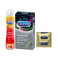 Bộ sản phẩm DUREX gồm Bao cao su Durex Performa 12 bao / hộp + Gel bôi trơn Durex Play Strawberry 100ml / chai + Tặng 1 Bao cao su INNOVA Siêu gai