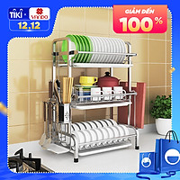 Kệ Để Chén Bát Đĩa INOX 304 kèm khay ráo nước cao cấp VANDO, giá úp bát khô ráo trên bàn bếp