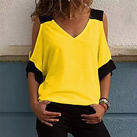 Women Summer Spliced T-Shirt Off Shoulder V Neck Half Sleeve Loose Casual Plus Size Blouse Top