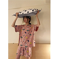 Bộ đồ mặc ở nhà vải cotton co dãn 4 chiều thoáng mát, rộng, cạp chun, mềm kiểu dáng đẹp, dễ thương họa tiết in hoạt hình freesize<55kg