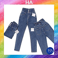 Quần Jean Nữ Lưng Cao Màu Xanh Trơn H&A Fashion 3 Nút Đai Chéo KVQJN506