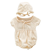 Lovely Infant Summer Round Collar Puff Sleeve Solid Color Girls Jumpsuit Climb Soft +Hat 2pcs Set 0-3Y Newborn Clothes