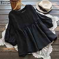 S-5XL ZANZEA Women Lantern Sleeve Shirt Tops Round Neck Casual Plain Blouse Plus