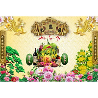 Tranh dán tường phòng thờ khổ lớn cuốn thư câu đối mâm ngũ quả - vải lụa phủ kim sa