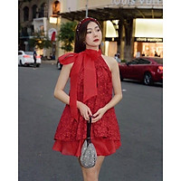 Đầm tết đỏ nữ cổ yếm vải gấm phối hoa thời trang xuân 2022 siêu xinh chất vải dày dặn