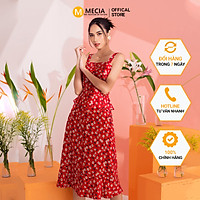 Váy đầm hai dây đỏ hoa trắng MECIA DK632 - Thiết kế ôm, thắt eo, chất lượng mềm mịn cao cấp, kiểu dáng xòe