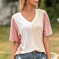 Women Loose T-shirt Contrast Color Splicing Half Sleeve V Neck Tees Holiday Casual Tops