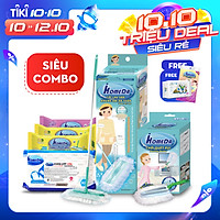 COMBO Siêu tiện lợi IHOMEDA 1 Cây lau đa năng + 1 Chổi quét bụi tĩnh điện + 1 Khăn ướt cồn cao cấp (80 tờ) + 3 Khăn ướt lau sàn kháng khuẩn (2 hương Cam + 1 hương Hoa) (10 tờ)