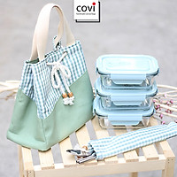 Túi đựng hộp cơm trưa văn phòng dây rút kèm túi đựng muỗng đũa thời trang COVI caro T34