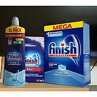 Combo muối rửa bát Finish 1,5kg+viên rửa bát Finish 120 viên+Nước làm bóng bát chén finish 800ml