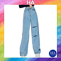 Quần Jean Nữ Ống Rộng H&A Fashion Lưng Cao Màu Xanh Rách Đùi Sau TBQBB3183
