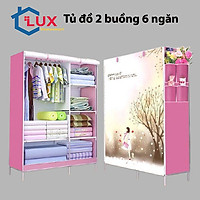 Tủ vải đựng quần áo 2 buồng 6 ngăn, tủ quần áo vải bạt in hình 3D họa tiết ngẫu nhiên (Giao màu ngẫu nhiên)