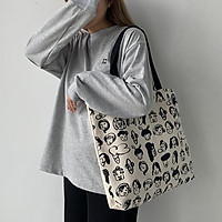 Túi tote vải canvas phong cách Hàn quốc, có khóa miệng ngăn phụ bên trong tiện dụng-Haka store