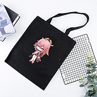 Túi tote vải đeo vai đen in hình YAE MIKO game GENSHIN IMPACT anime chibi dễ thương cá tính