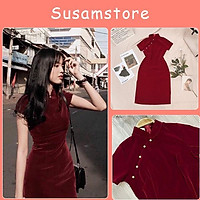 Váy sườn xám nhung đỏ cách tân đính cúc ngọc SS032
