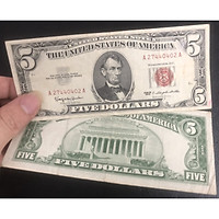 1 tờ tiền 5 dollas mộc đỏ 1963, tổng thống Abraham Lincoln - Tiền mới keng 100% - Tặng túi nilon bảo quản