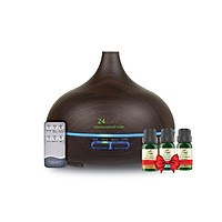 Máy khuếch tán Tinh Dầu 24Care Cổ Cao Đen Ultrasonic 500ml, Tặng 3 Chai Tinh dầu Sả Chanh + Bạc Hà + Cam Úc 24Care 10ml | Xông Phòng | Kèm Remote Điều Khiển |Công nghệ siêu âm tiên tiến.