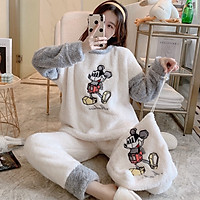 Bộ mặc nhà nữ, bộ ngủ nữ hình chuột Mickey dài tay chất lông 2 mặt kèm túi đựng xinh xắn